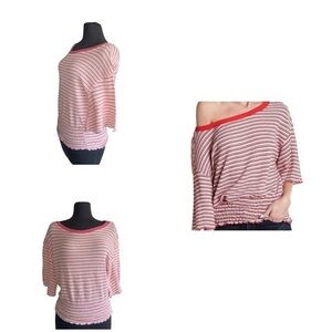 Free People “Ebony” Striped Smocked Waist Tee XS